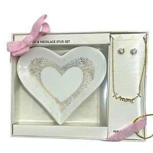 Mia Sarine Mom Jewelry Set Necklace Stud‎ Earrings Heart Trinket Tray Gold Tone